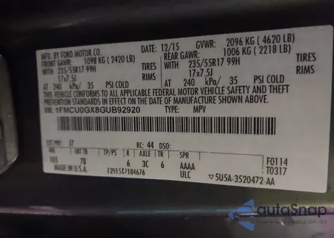 2016 Ford Escape Se z USA, uszkodzony, nr VIN 1FMCU0GX8GUB92920